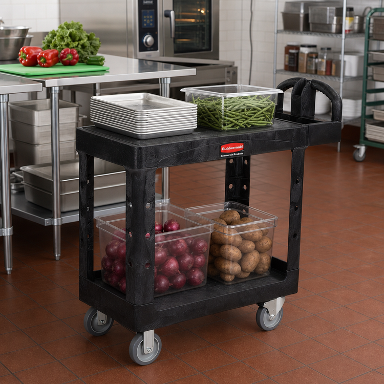 Product image #2 for Rubbermaid Commercial Products 2-Shelf Flat Shelf Utility Bus Cart, 500 lb. Per Shelf, Black