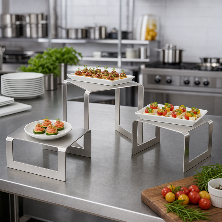 Product image #2 for Square Buffet Stand Set of 3 Bent Risers, Brushed Stainless Steel