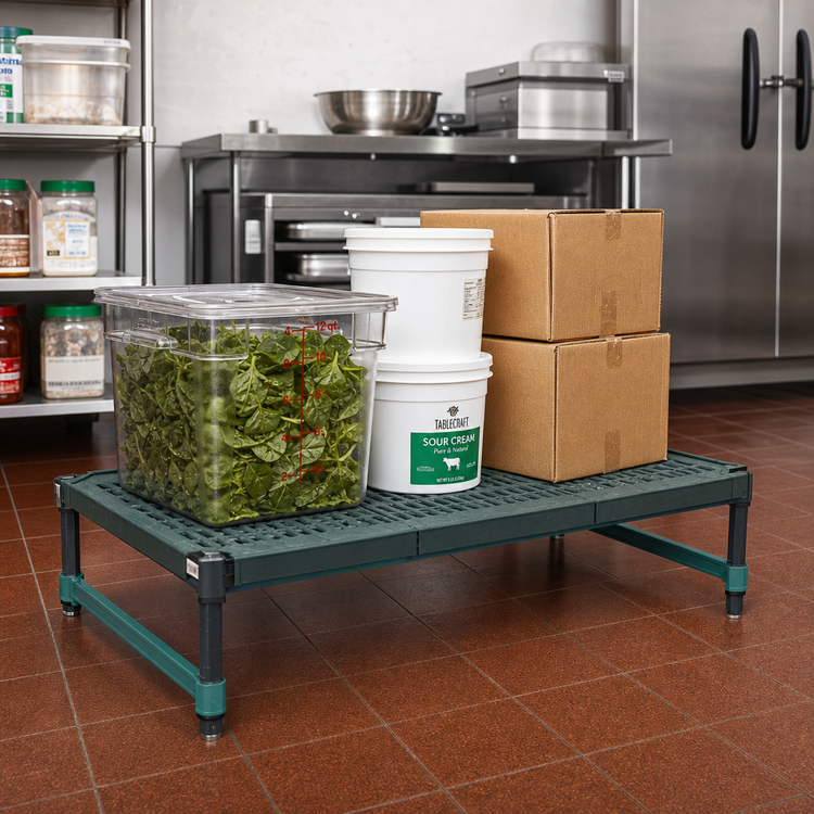 Product image #2 for QuadPlus Mobile Dunnage Rack with 3-Sided Frame, Louvered Polypropylene Mat, 60 x 24 x 14 Inches, 800 lb. Capacity