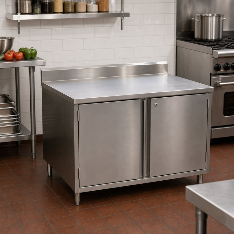 Product image #2 for BK Resources 18 x 24 Inch Stainless Steel Cabinet Base Work Table with Hinged Doors, Lock, and 5 Inch Backsplash
