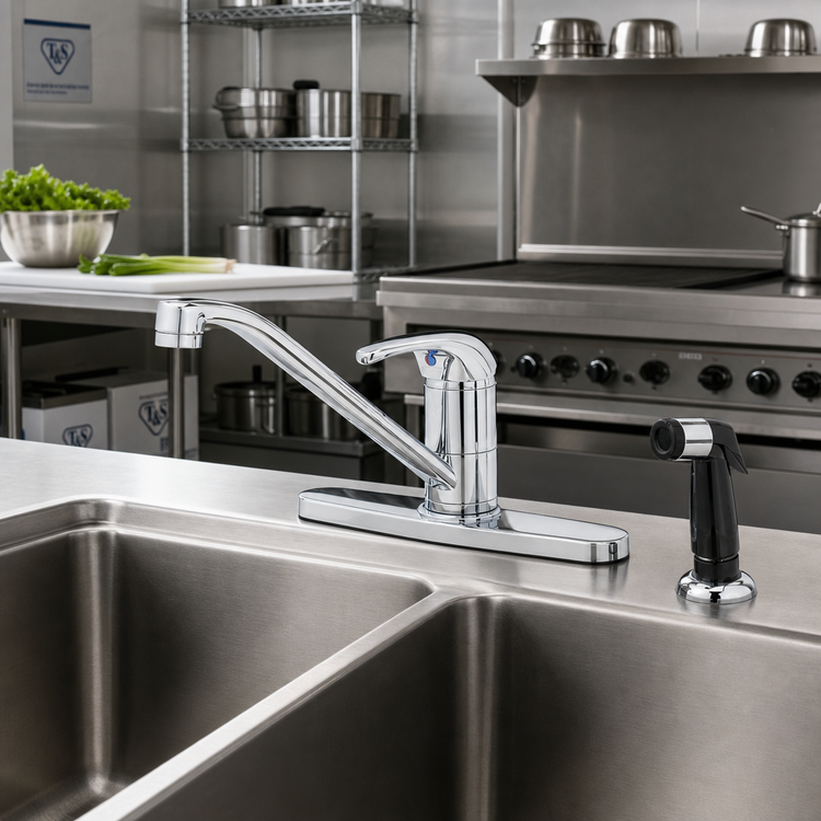 Product image #2 for T&S Brass Single Lever Deck Mount Faucet, 8-Inch Centers, 9-Inch Swivel Spout, Side Spray, Vandal-Resistant Aerator