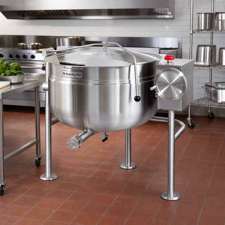Product image #2 for Cleveland Range Short Series 60-Gallon Direct Steam Tilting Steam Jacketed Kettle with Open Tri-Leg Base