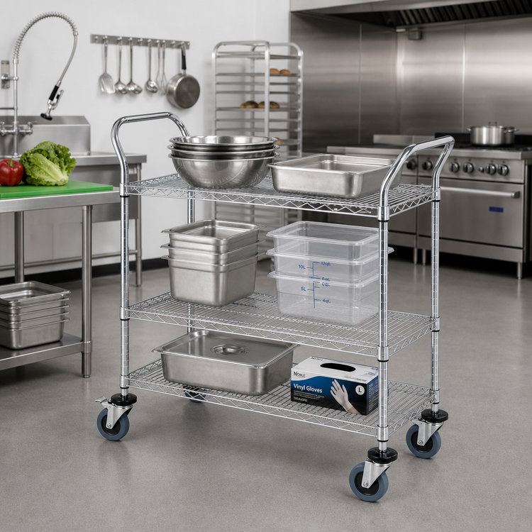 Product image #2 for Quantum Conductive 3-Shelf Wire Utility Bus Cart, 48 x 18 Inches, Chrome Plated