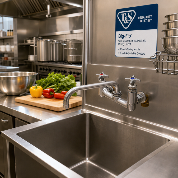 Product image #2 for T&S Brass Big-Flo Wall-Mount Kettle & Pot Sink Mixing Faucet with 10-Inch Swing Nozzle and 8-Inch Adjustable Centers
