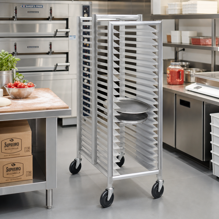Product image #3 for Channel Manufacturing Aluminum Full-Size End-Load Pizza Pan Rack with 5-Inch Swivel Casters, 26-Pan Capacity