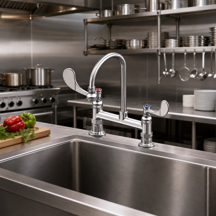 Product image #2 for T&S Brass 8-Inch Center Deck Mount Manual Mixing Faucet with 5-3/4-Inch Swivel Gooseneck and Rose Spray Outlet