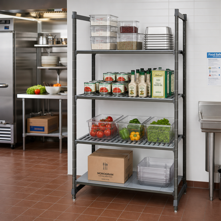 Product image #2 for Cambro Camshelving Basics Plus 4-Shelf Stationary Starter Unit, 18 x 48 x 84 Inches, Vented and Solid, Brushed Graphite