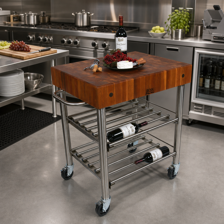 Product image #2 for John Boos Cucina D'Amico Walnut End Grain Wine Cart with Stainless Steel Base and Locking Casters