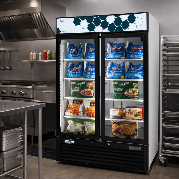 Product image #2 for Migali Competitor Series Two-Section Glass Door Freezer Merchandiser, 49 Cu. Ft., Bottom-Mount Self-Contained