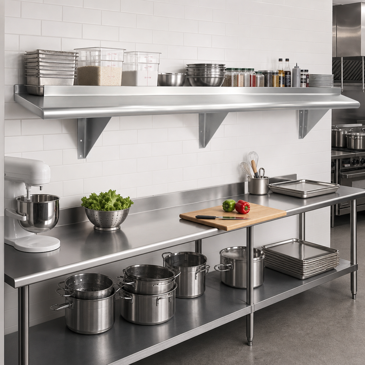 Product image #2 for Advance Tabco 132-Inch x 15-Inch Wall-Mounted Stainless Steel Shelf, 16-Gauge 304 Satin Finish