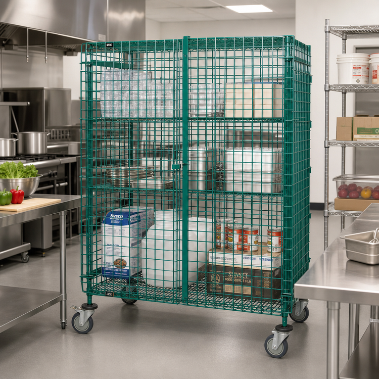 Product image #2 for Quantum Mobile Security Unit, 60"W x 21"D x 69"H, Green Epoxy Antimicrobial, with Top/Bottom Shelves, Panel Doors, and Casters