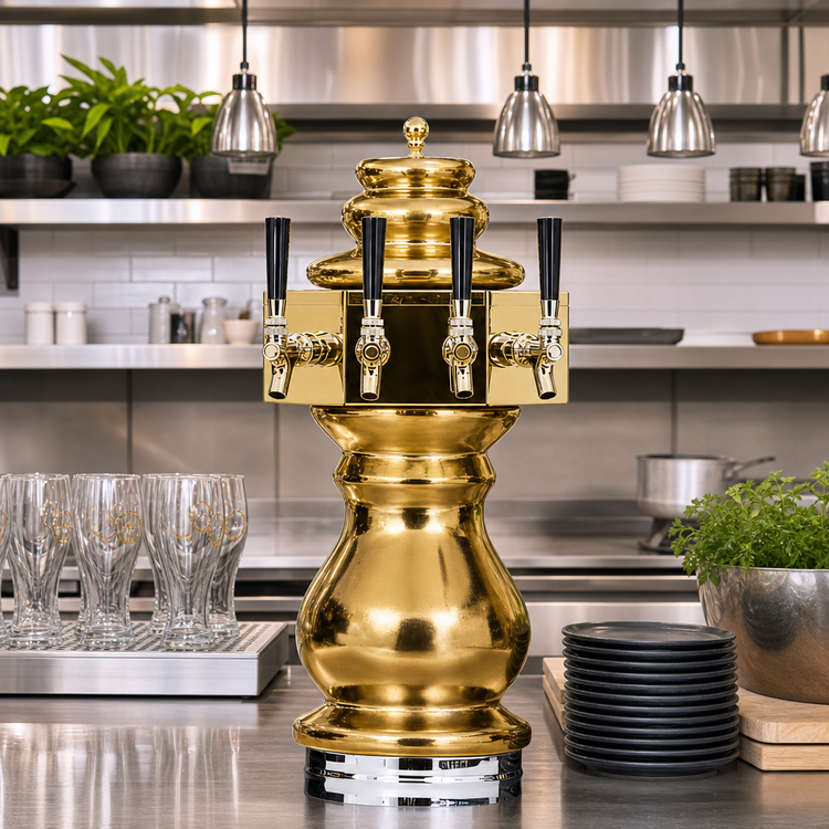Product image #2 for Glastender Braumeister 3-Faucet Countertop Glycol-Cooled Ceramic Draft Dispensing Tower, Polished Brass Finish