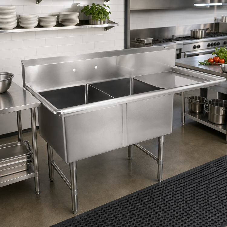 Product image #2 for John Boos B Series 2-Compartment Stainless Steel Sink with Right Drainboard, 58-3/16 x 23-1/2 x 44 Inch