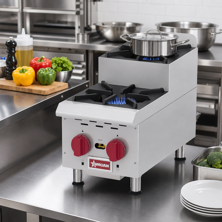 Product image #2 for Omcan USA 12-Inch Countertop Natural Gas Commercial Hot Plate with One Open Burner and One Step-Up Burner