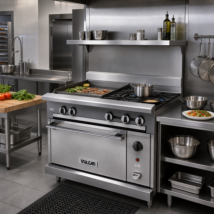 Product image #2 for Vulcan V Series Heavy Duty 36-Inch Gas Range with 2 Open Burners and 24-Inch Manual Griddle, Cabinet Base