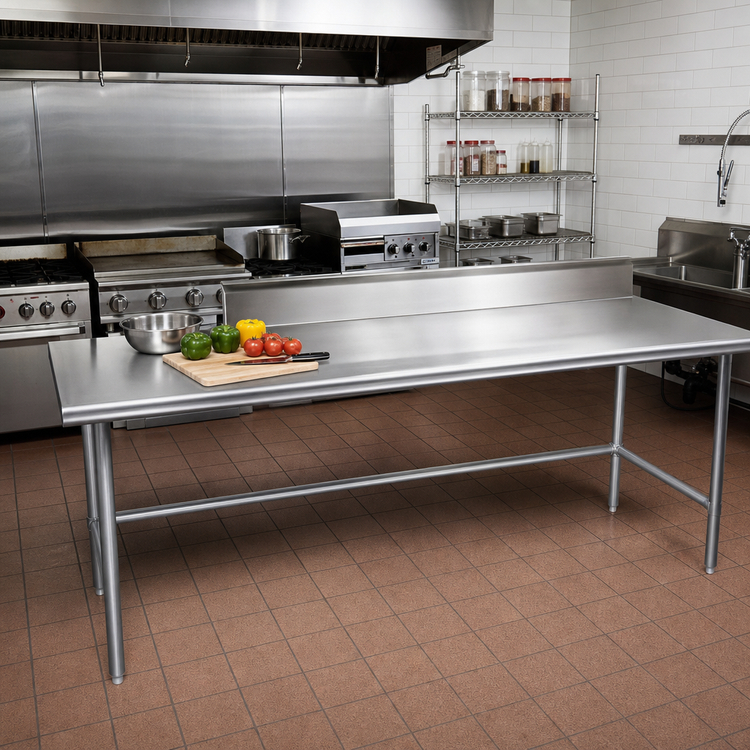Product image #2 for Advance Tabco 108-Inch x 36-Inch 14-Gauge 304 Stainless Steel Work Table with 5-Inch Backsplash and Galvanized Open Base