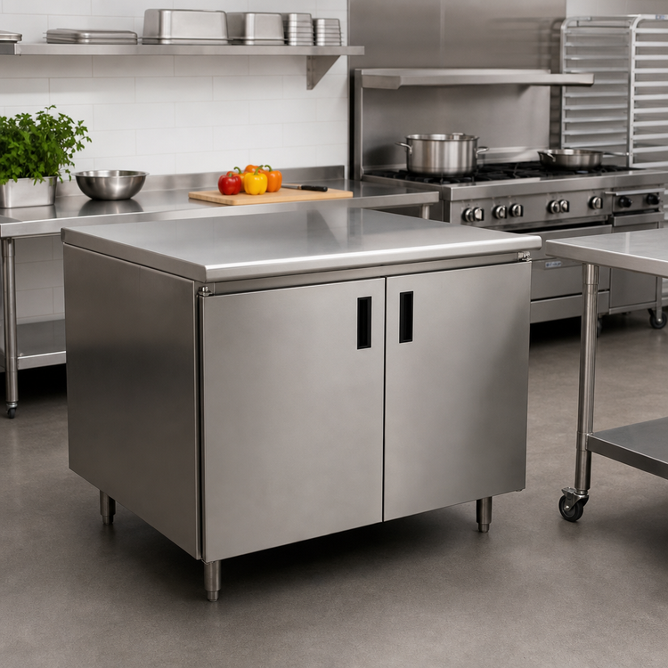Product image #2 for Advance Tabco 36" x 36" Enclosed Work Table with Cabinet Base and Hinged Doors, 14-Gauge 304 Stainless Steel Top