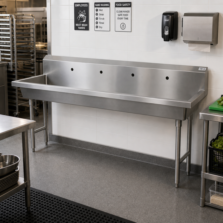 Product image #2 for BK Resources Four-Station Freestanding Hand Wash Sink with 4 Faucet Holes, 96-Inch Stainless Steel