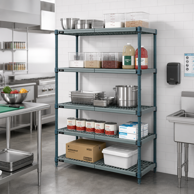 Product image #2 for Quantum 5-Tier Stationary Wire Plastic Mat Shelving Unit, 42W x 24D x 86H, Green Epoxy Antimicrobial