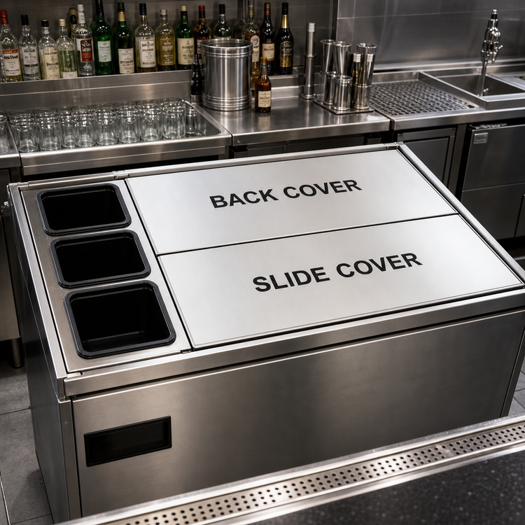 Product image #2 for 48-Inch Underbar Bottle Well Ice Chest Cover Assembly with 3 Left-Side Black Polypropylene Wells
