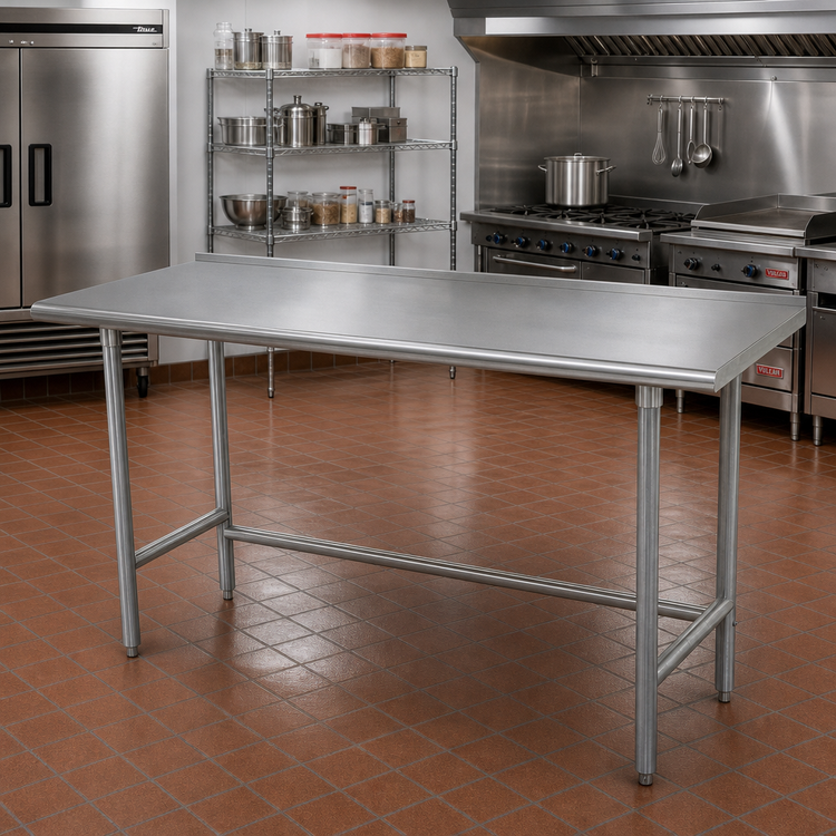 Product image #2 for Advance Tabco 108" x 36" 16 Gauge 430 Stainless Steel Work Table with 1-1/2" Rear Up-Turn and Galvanized Open Base