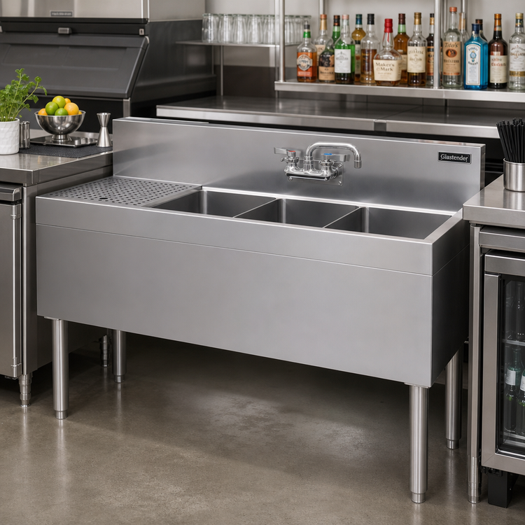 Product image #2 for Glastender 48-Inch Stainless Steel Three-Compartment Underbar Sink Unit with 12-Inch Left Drainboard