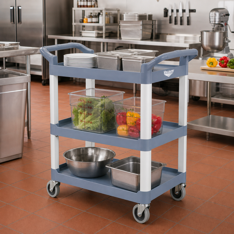 Product image #2 for Vollrath Blue-Gray 3-Shelf Multi-Purpose Plastic Bus Cart, 300 lb Capacity