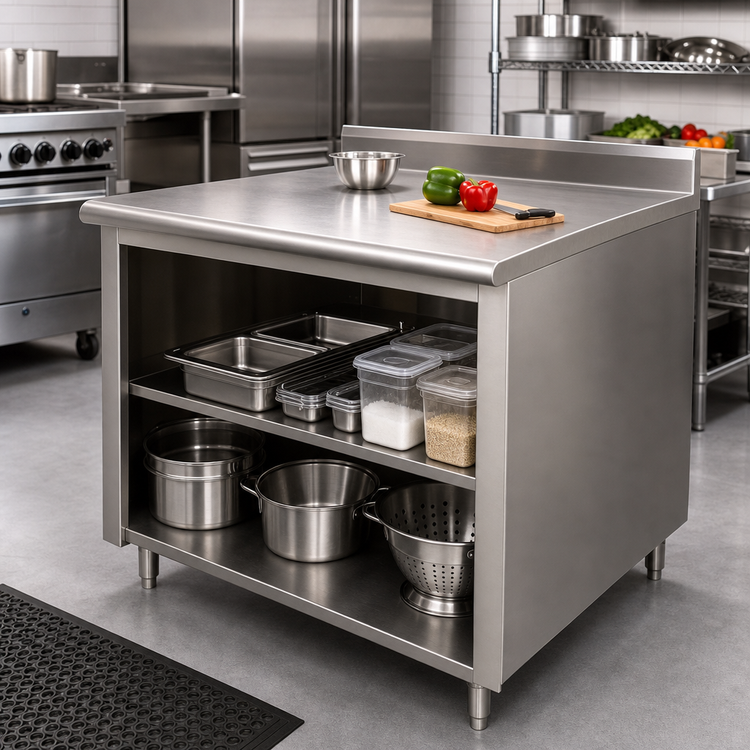 Product image #2 for Advance Tabco 48-Inch x 30-Inch 304 Stainless Steel Work Table with Open Front Cabinet Base and 5-Inch Backsplash