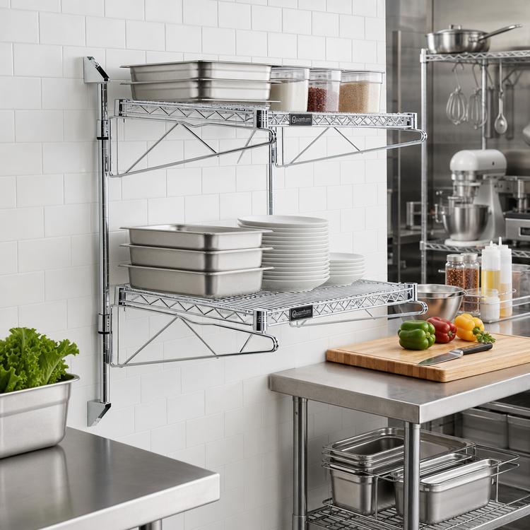 Product image #2 for Quantum Cantilever Double Shelf Wall-Mount Wire Shelving Unit, 42 x 12 Inch Shelves, Chrome Plated
