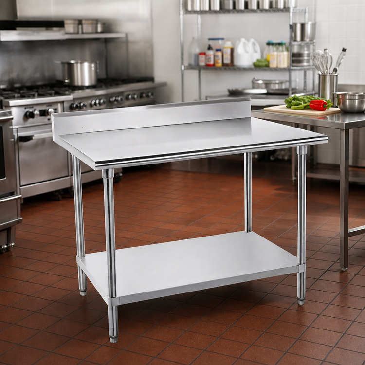 Product image #2 for Advance Tabco 48"W x 36"D 16-Gauge 430 Stainless Steel Work Table with 5" Backsplash and Galvanized Undershelf