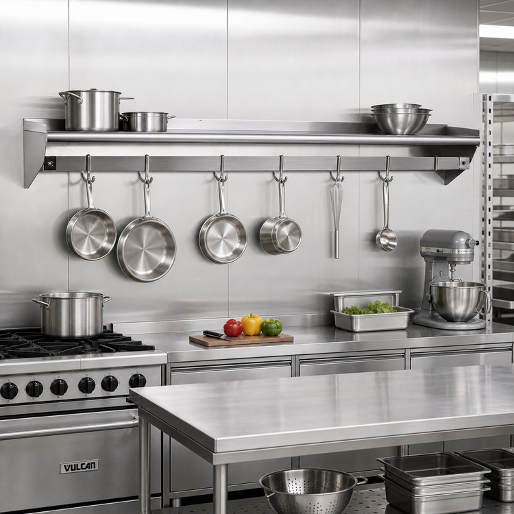 Product image #2 for Eagle Group 108-Inch x 18-Inch Wall-Mounted Stainless Steel Pot Rack Shelf with Removable Hooks