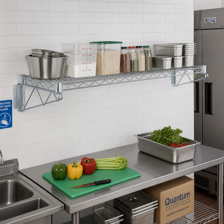 Product image #2 for Quantum Wall-Mount Cantilever Single Wire Shelf Unit, 72"W x 21"D, Chrome Plated