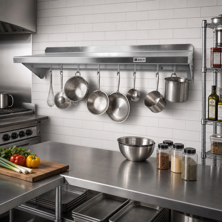 Product image #2 for John Boos Stallion 144-Inch x 12-Inch Wall-Mounted Stainless Steel Wall Shelf with Pot Rack