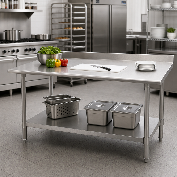 Product image #2 for Advance Tabco Special Value Series 60-Inch x 30-Inch 18 Gauge 430 Stainless Steel Work Table with 5-Inch Backsplash and Undershelf