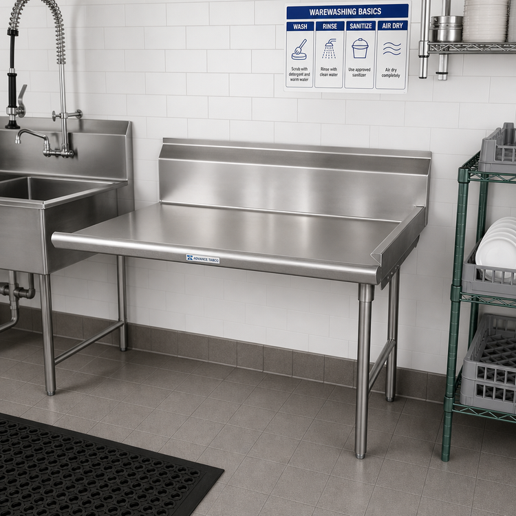 Product image #2 for Advance Tabco Right-Side Clean Straight Dish Table with 10-1/2 Inch Backsplash, 35 x 30 Inches, 304 Stainless Steel