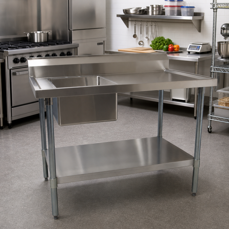 Product image #2 for BK Resources 60-Inch Stainless Steel Sink Table with Left Prep Sink, 6-Inch Backsplash, and Undershelf