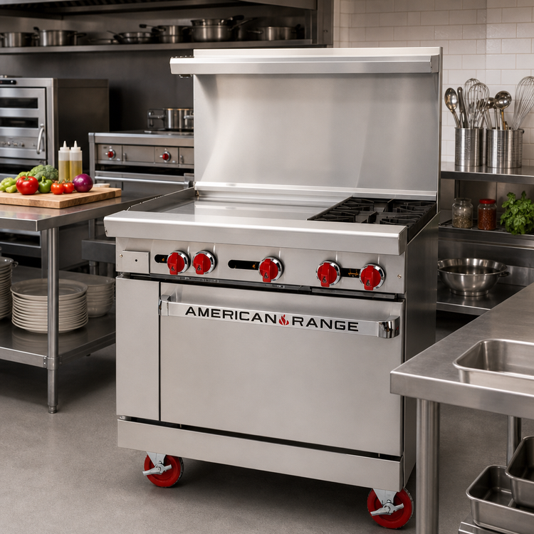 Product image #2 for American Range 36-Inch Gas Restaurant Range with Left 24-Inch Griddle, 2 Open Burners and Standard Oven