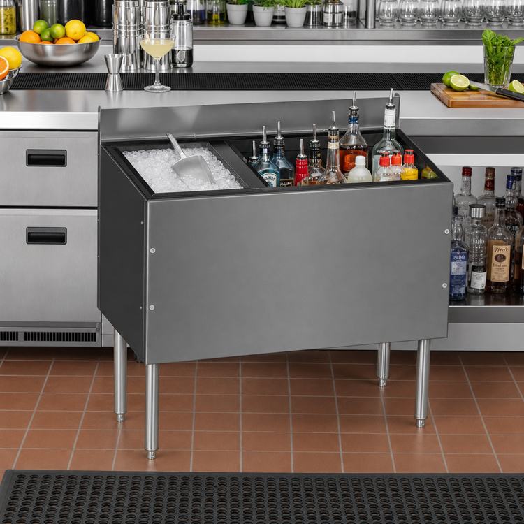 Product image #2 for CHOICE 42-Inch Underbar Combo Ice Bin/Cocktail Unit with 10-Circuit Cold Plate and Bottle Storage