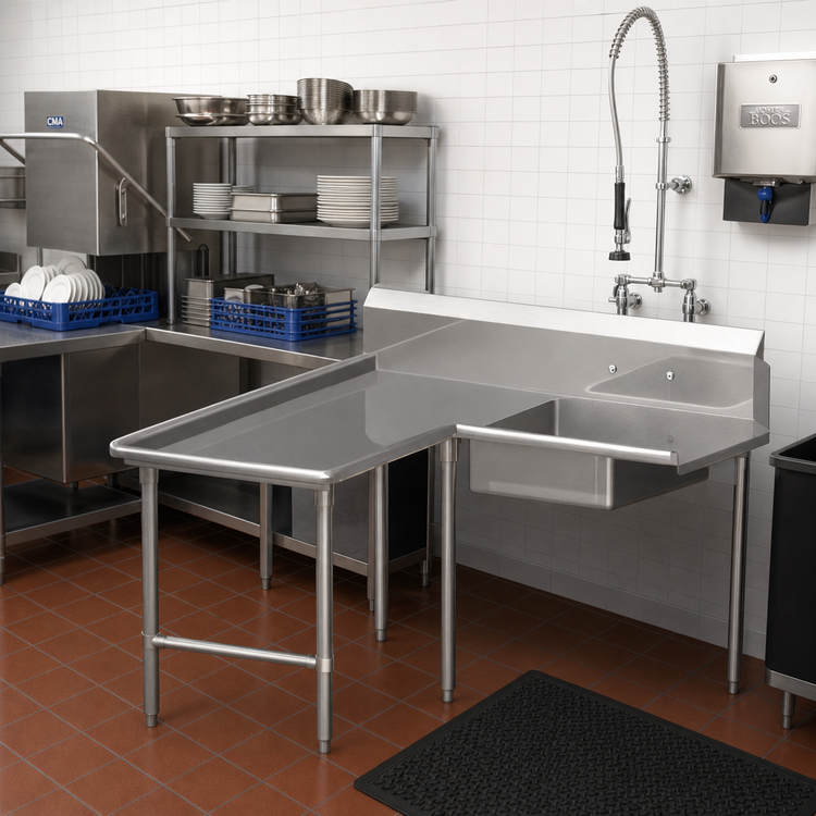 Product image #2 for John Boos Pro-Bowl L-Shaped Island Soiled Dishtable with Pre-Rinse Sink Bowl, Left-to-Right, 60" x 72"
