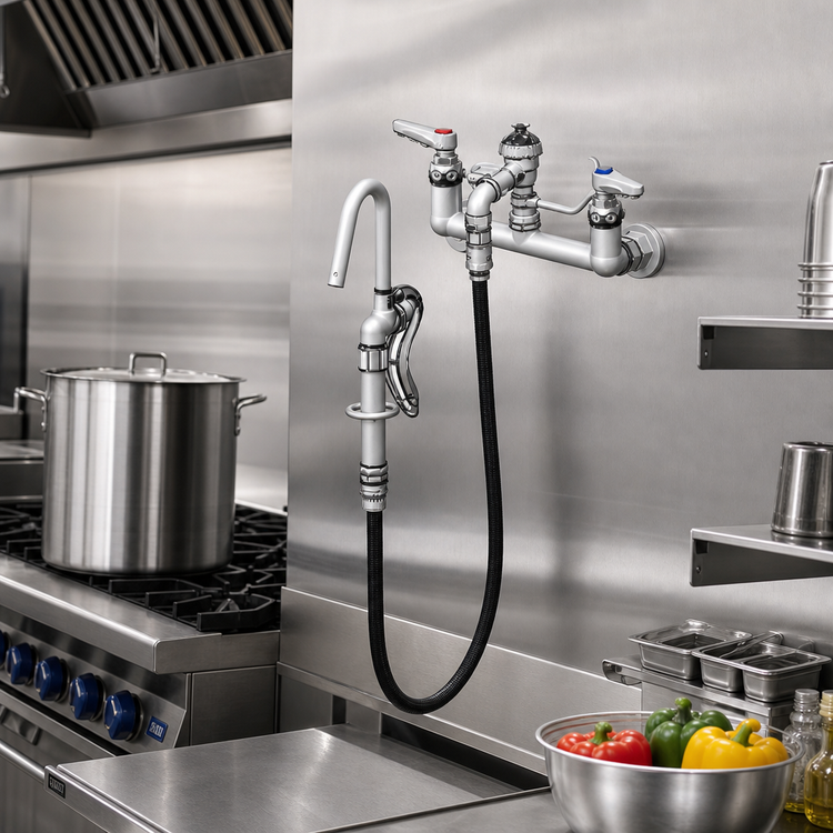 Product image #2 for T&S Brass Pot and Kettle Filler Wall Mount Mixing Faucet with 36-Inch Hose and Hook Nozzle