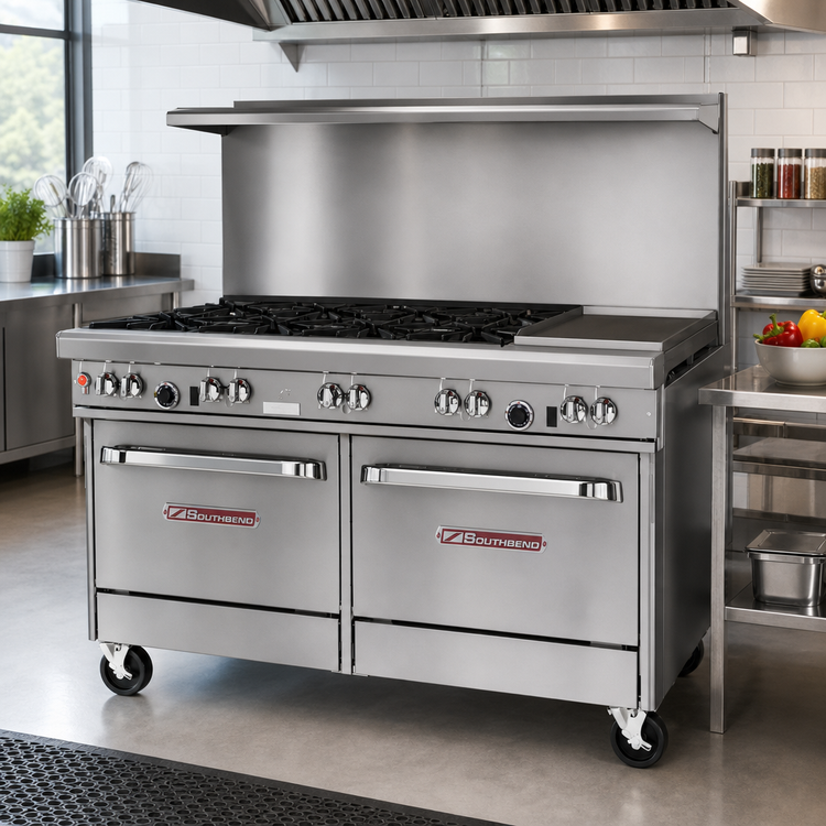 Product image #2 for Southbend Ultimate 60-Inch Gas Restaurant Range with 4 Open Burners, Griddle/Broiler, Standard Oven, and Cabinet Base
