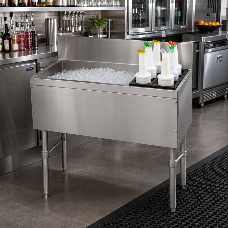 Product image #2 for Advance Tabco Prestige Supreme 48-Inch Underbar Bar Ice Bin with 10-Circuit Cold Plate and Bottle Storage Rack
