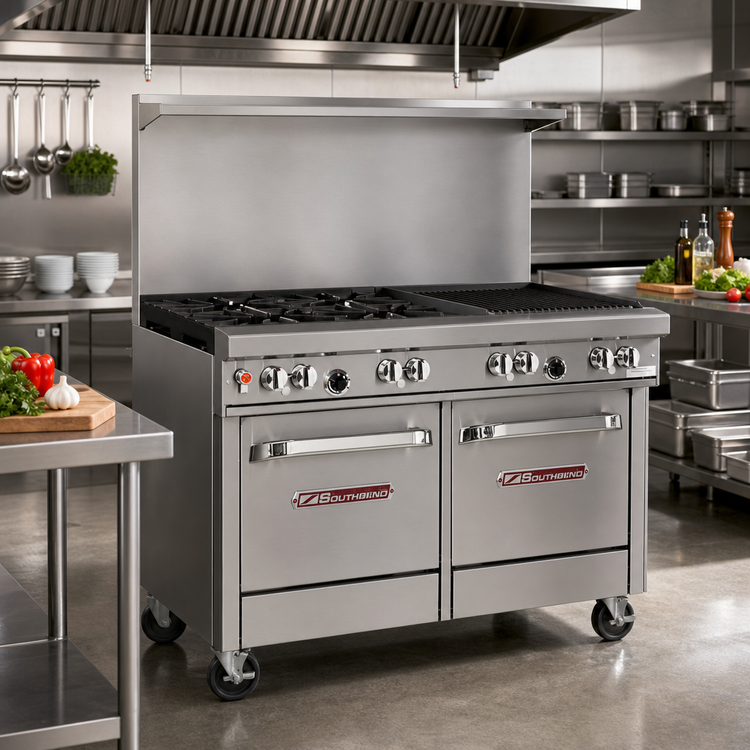 Product image #2 for Southbend Ultimate 48-Inch Gas Restaurant Range with 4 Burners, 24-Inch Charbroiler, and 2 Space Saver Ovens