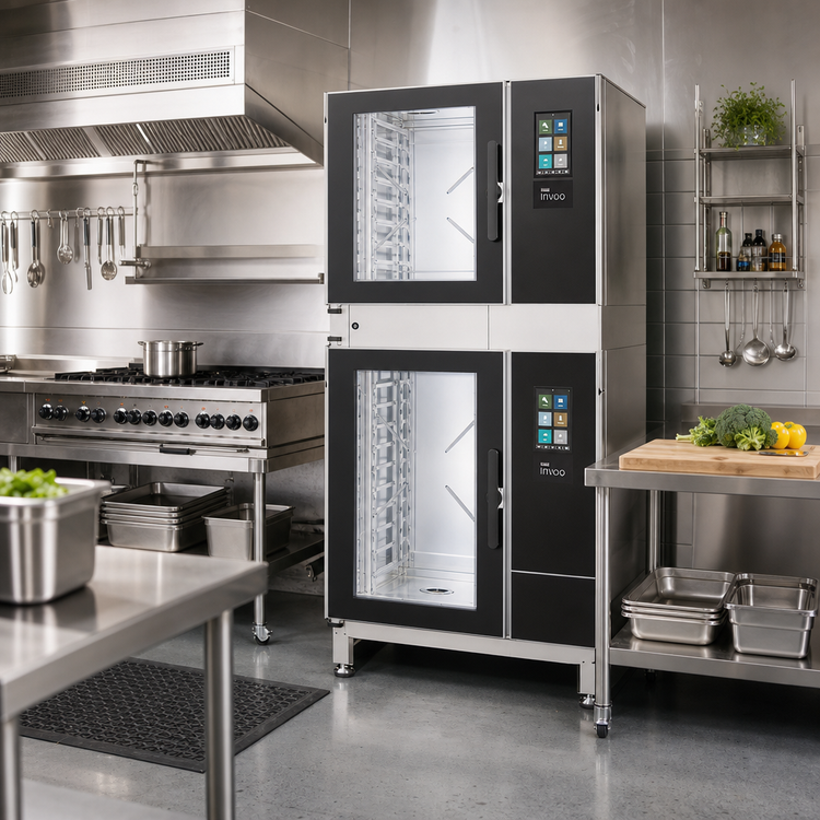Product image #3 for Blodgett Invoq 61BLE/101BLE-PT Stacked Pass-Through Electric Boilerless Combi Oven Steamer, 17-Pan Capacity