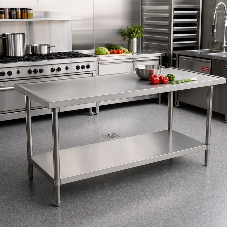 Product image #2 for Advance Tabco 48"W x 36"D 14-Gauge 304 Stainless Steel Work Table with Adjustable Undershelf and Countertop Non-Drip Edge