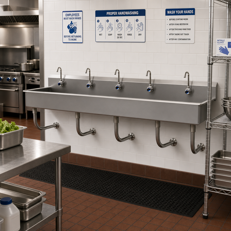 Product image #2 for Advance Tabco 100-Inch Wall Mounted 5-Station Multiwash Hand Sink with 5 Electronic Faucets, 304 Stainless Steel