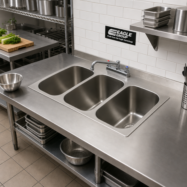 Product image #2 for Eagle Group Three-Compartment Self-Rimming Drop-In Sink with 10 x 14 x 9.5 Inch Bowls, Faucet, and Basket Drains