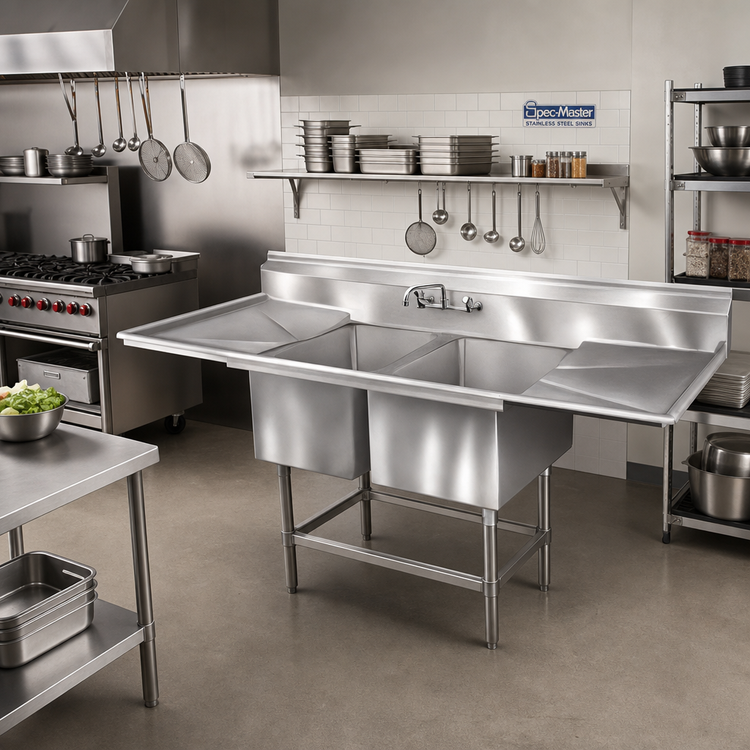 Product image #2 for Spec-Master FN2840-2-30-14/3 Two-Compartment 104" W x 35" D Stainless Steel Sink with Dual 30" Drainboards