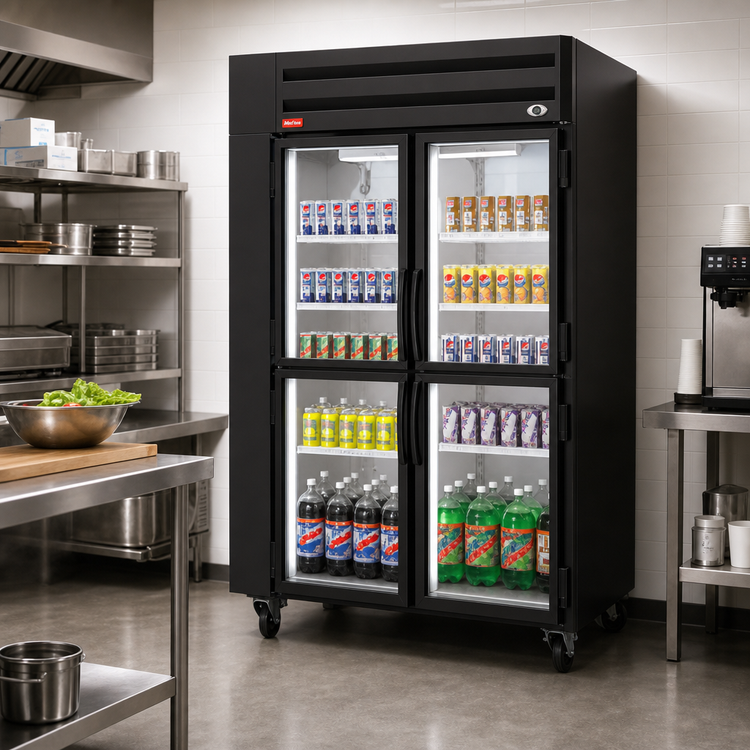 Product image #2 for Howard-McCray Four-Section Top-Mount Hinged Glass Door Merchandiser Refrigerator, Black