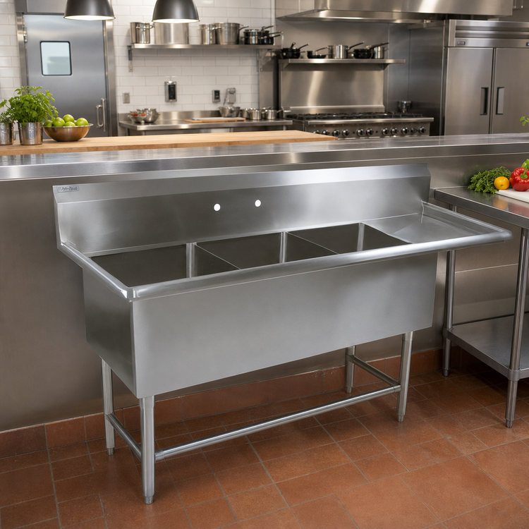 Product image #2 for John Boos Pro-Bowl 3-Compartment Sink with Right Drainboard, 30" x 24" Bowls, 124-3/16" Wide, 16-Gauge Stainless Steel